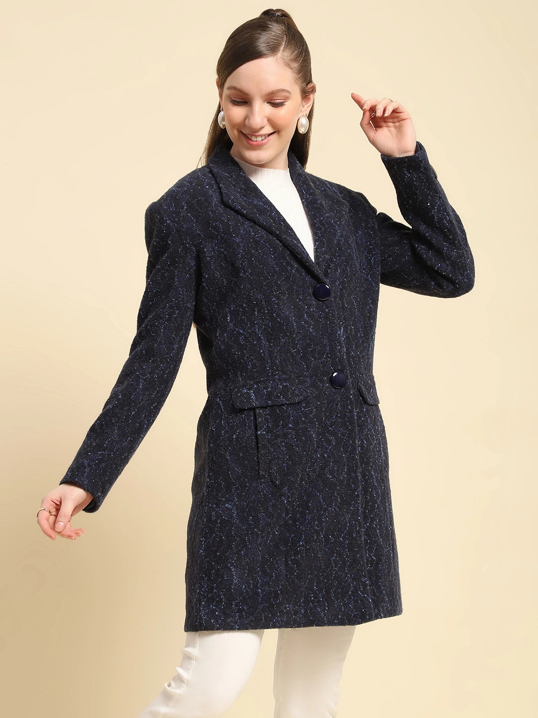 Navy Self Design Acrylic Coat - Global Republic