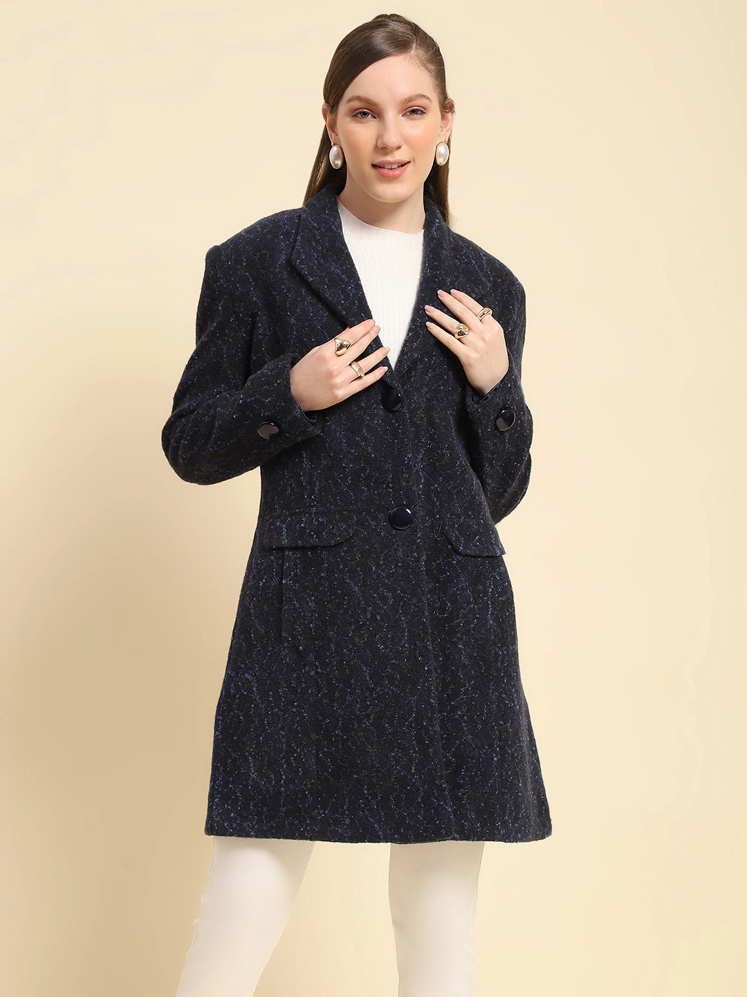 Navy Self Design Acrylic Coat - Global Republic