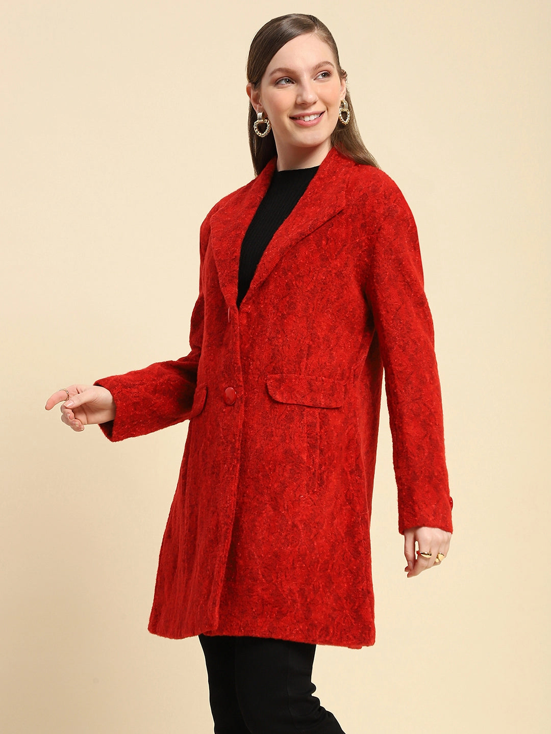 Red Self Design Acrylic Coat - Global Republic