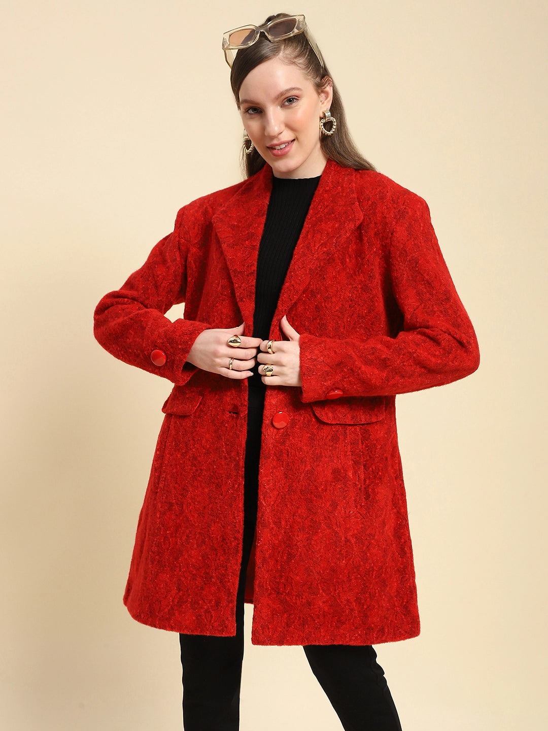 Red Self Design Acrylic Coat - Global Republic