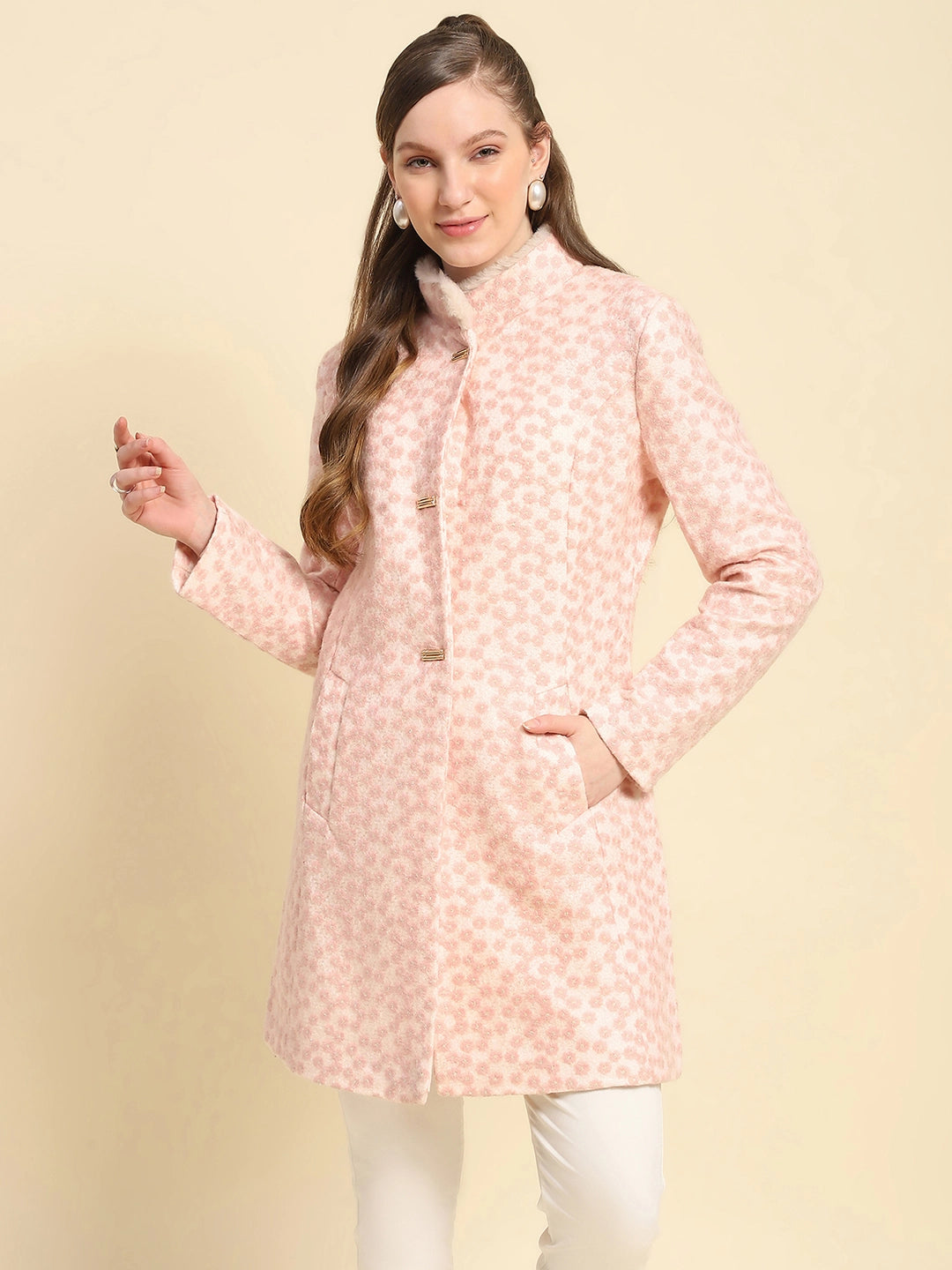 Pink Floral Embroidered Acrylic Coat - Global Republic