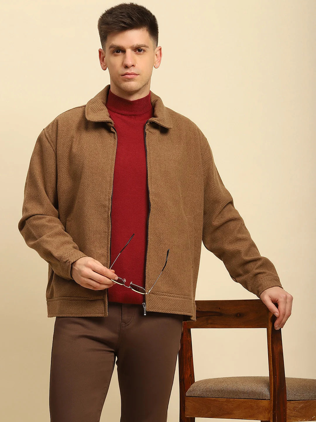 Brown Textured Jacket - Global Republic