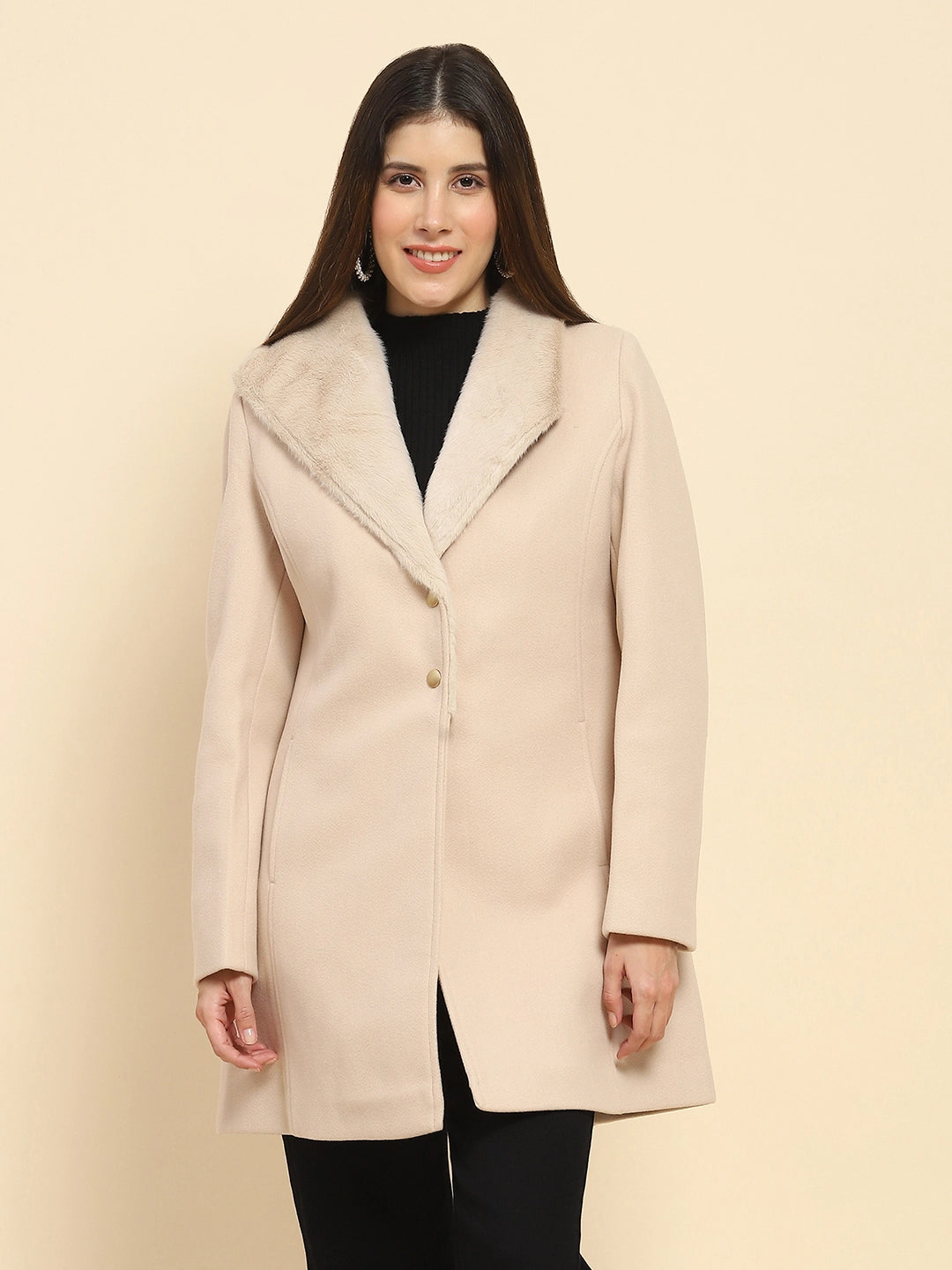 Nude Solid Regular Fit Long Coat For Winter - Global Republic