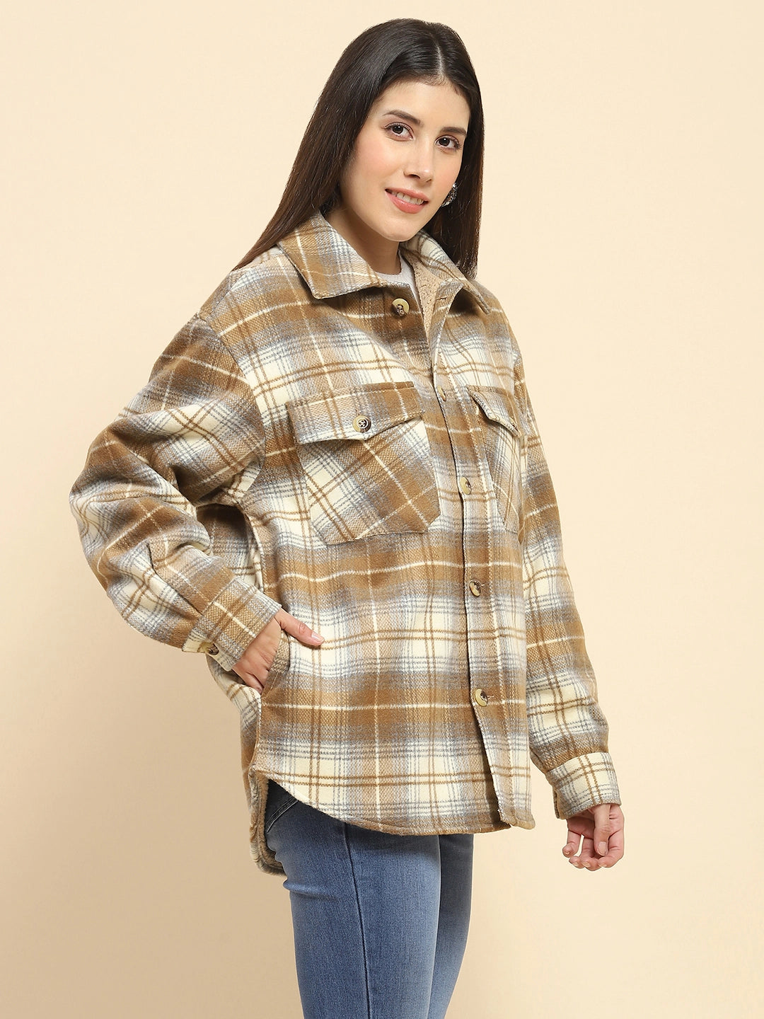 Brown Checks Oversized Winter Shacket - Global Republic
