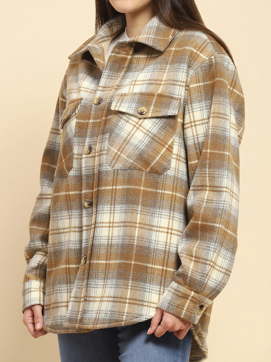Brown Checks Oversized Winter Shacket - Global Republic