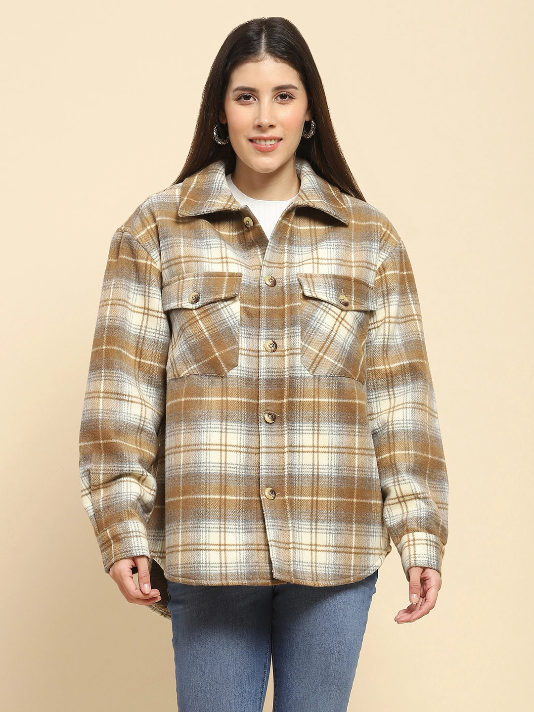 Brown Checks Oversized Winter Shacket - Global Republic