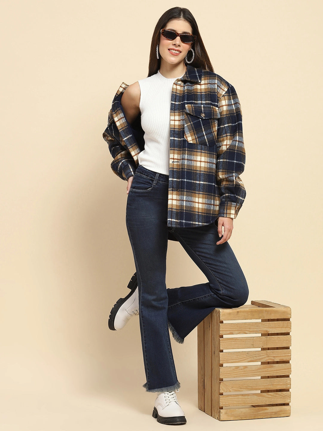 Navy Checks Oversized Winter Shacket - Global Republic