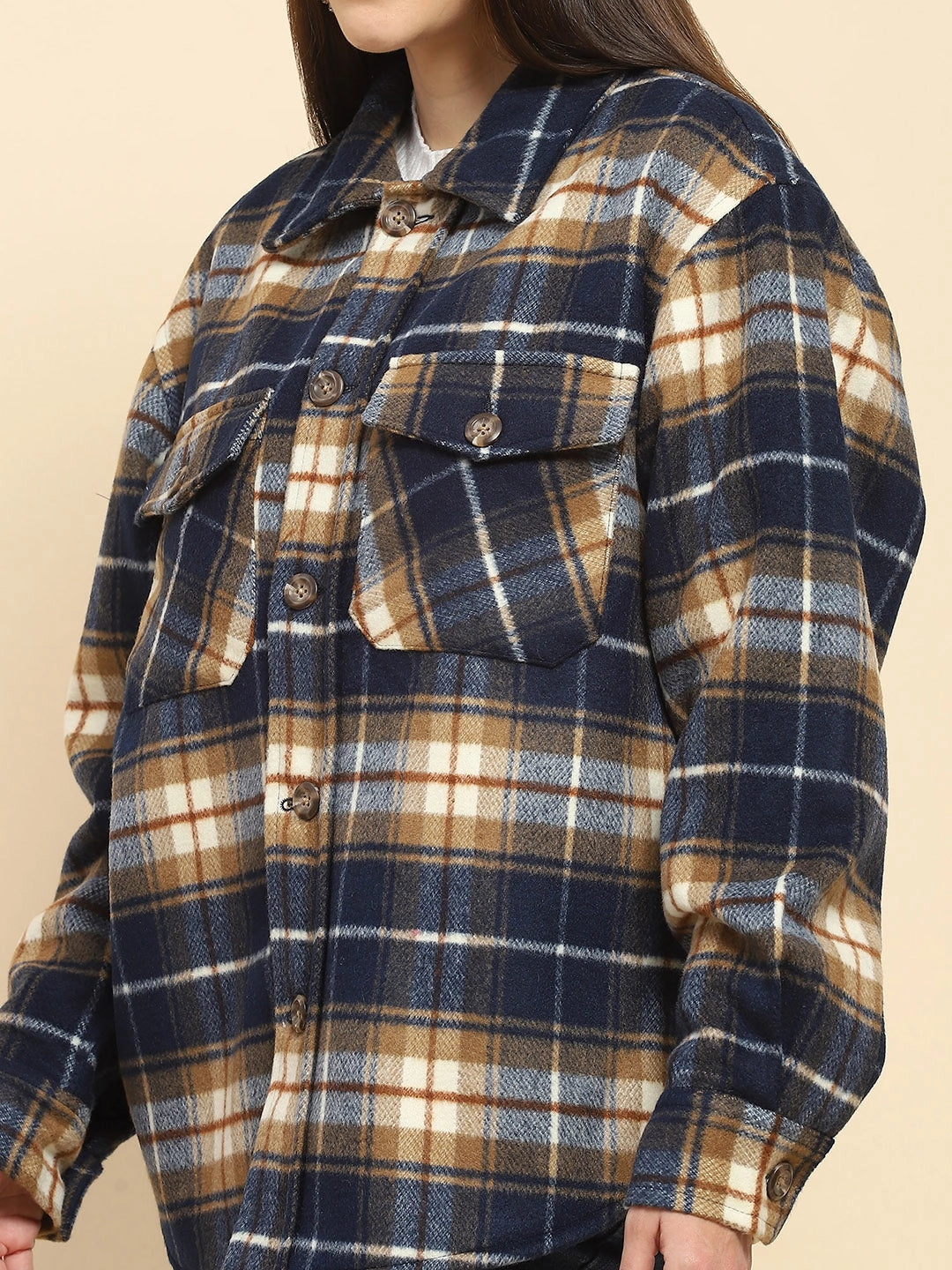 Navy Checks Oversized Winter Shacket - Global Republic