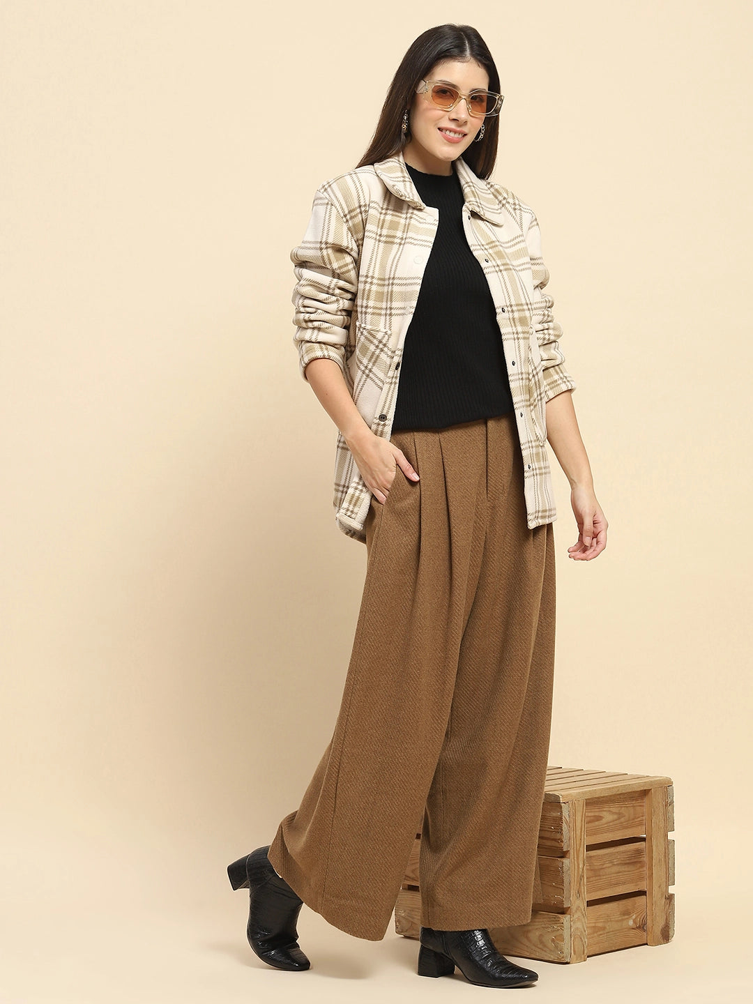 Beige Fleece Check Winter Shacket - Global Republic