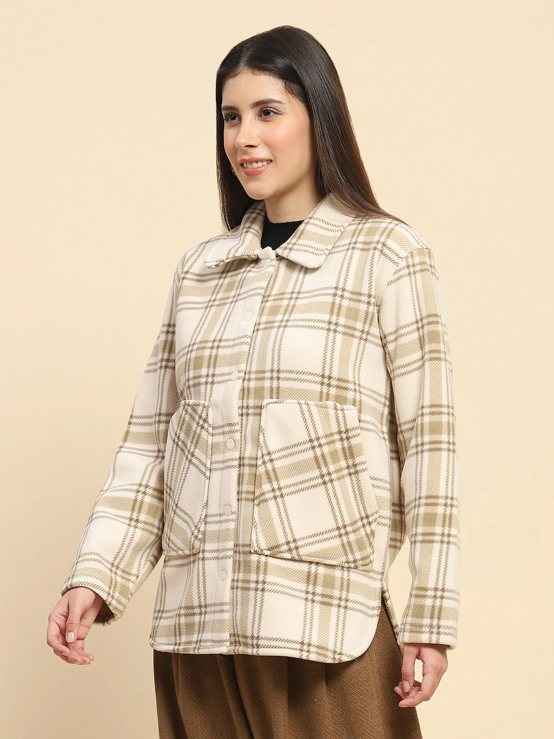 Beige Fleece Check Winter Shacket - Global Republic