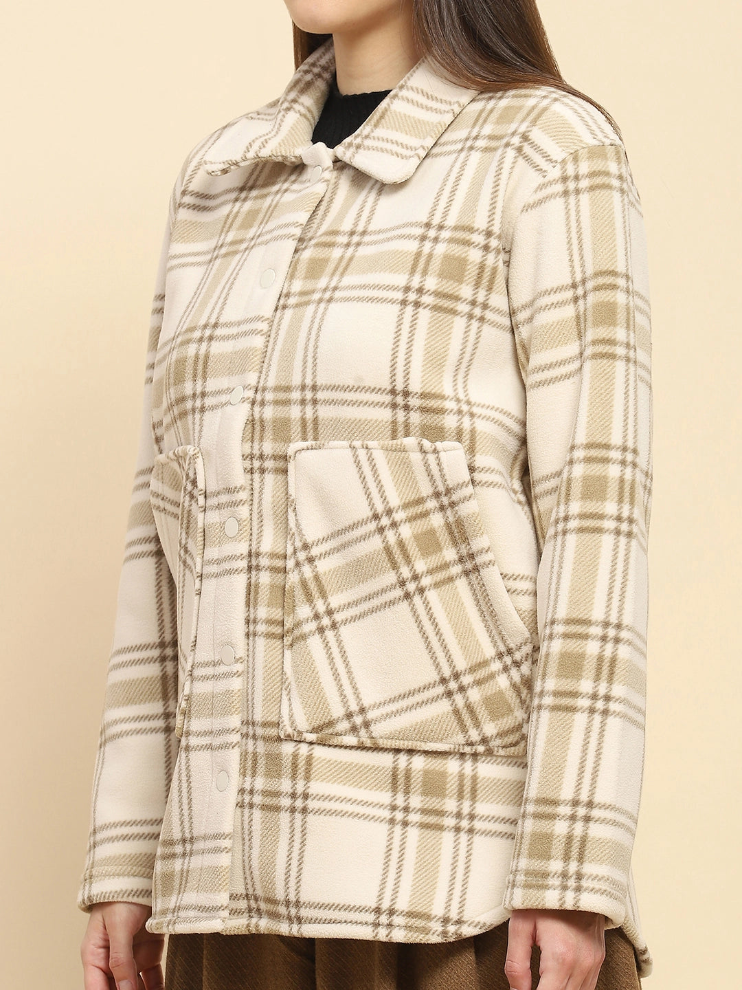 Beige Fleece Check Winter Shacket - Global Republic