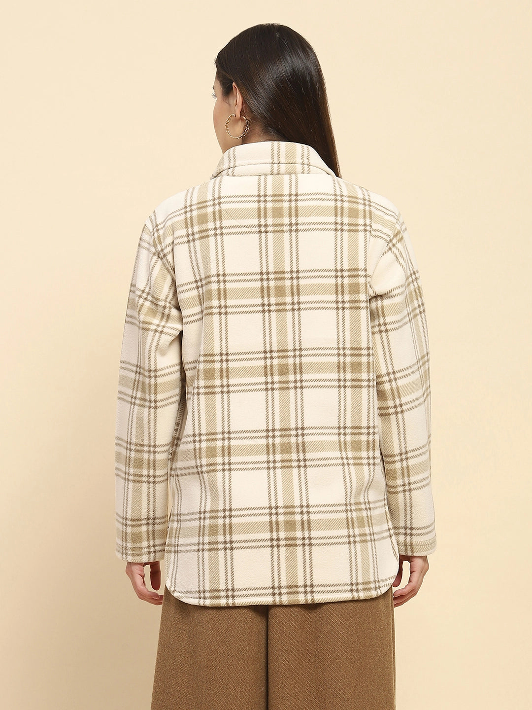 Beige Fleece Check Winter Shacket - Global Republic