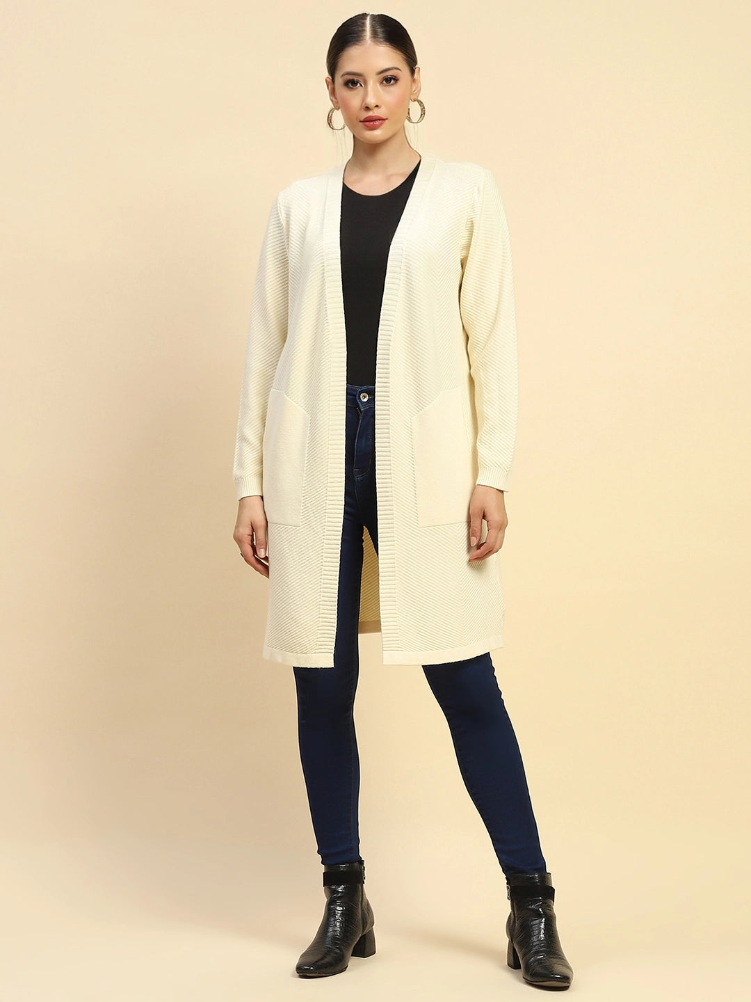 Off White Viscose Loose Fit Winter Shrug For Women - Global Republic