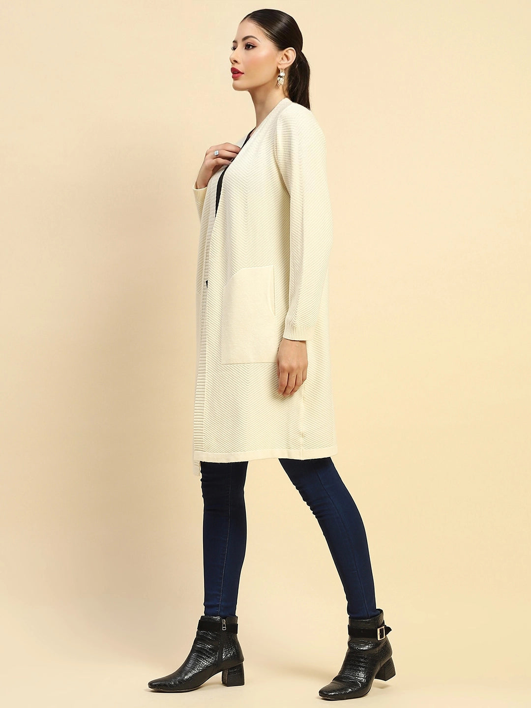 Off White Viscose Loose Fit Winter Shrug For Women - Global Republic