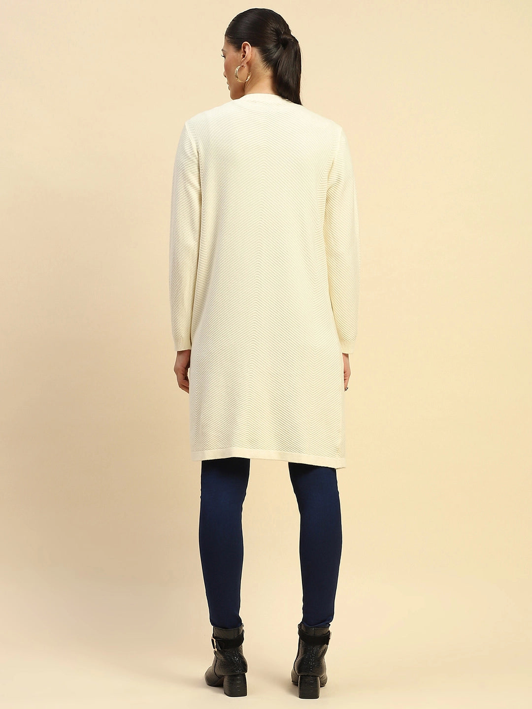 Off White Viscose Loose Fit Winter Shrug For Women - Global Republic