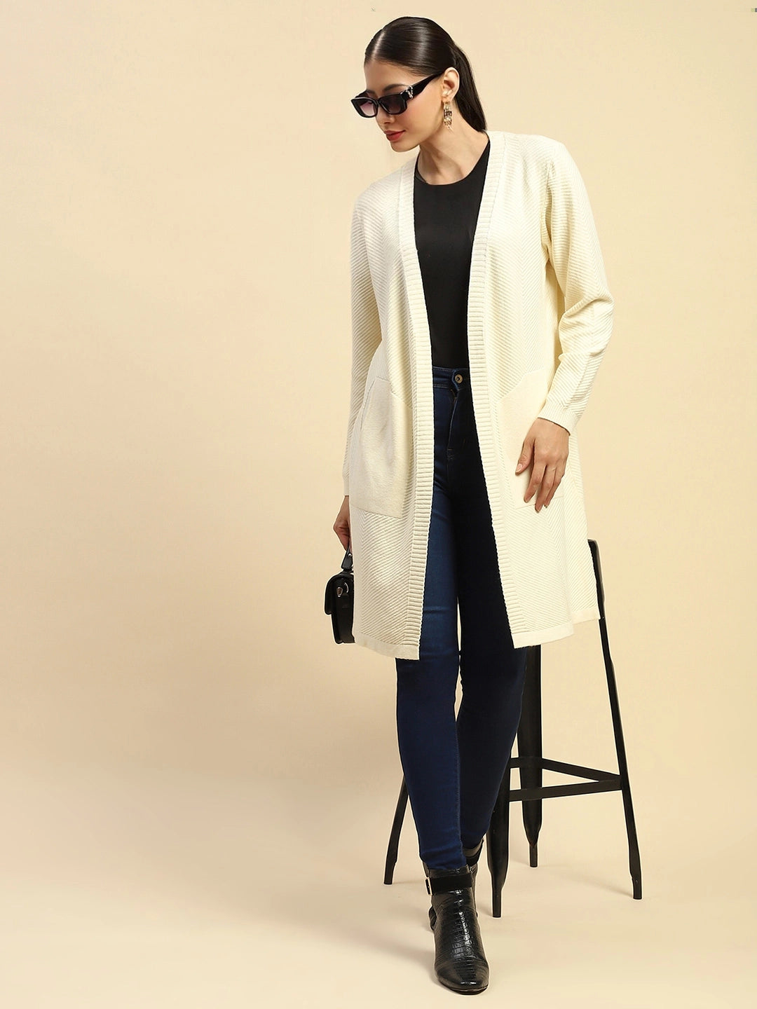 Off White Viscose Loose Fit Winter Shrug For Women - Global Republic