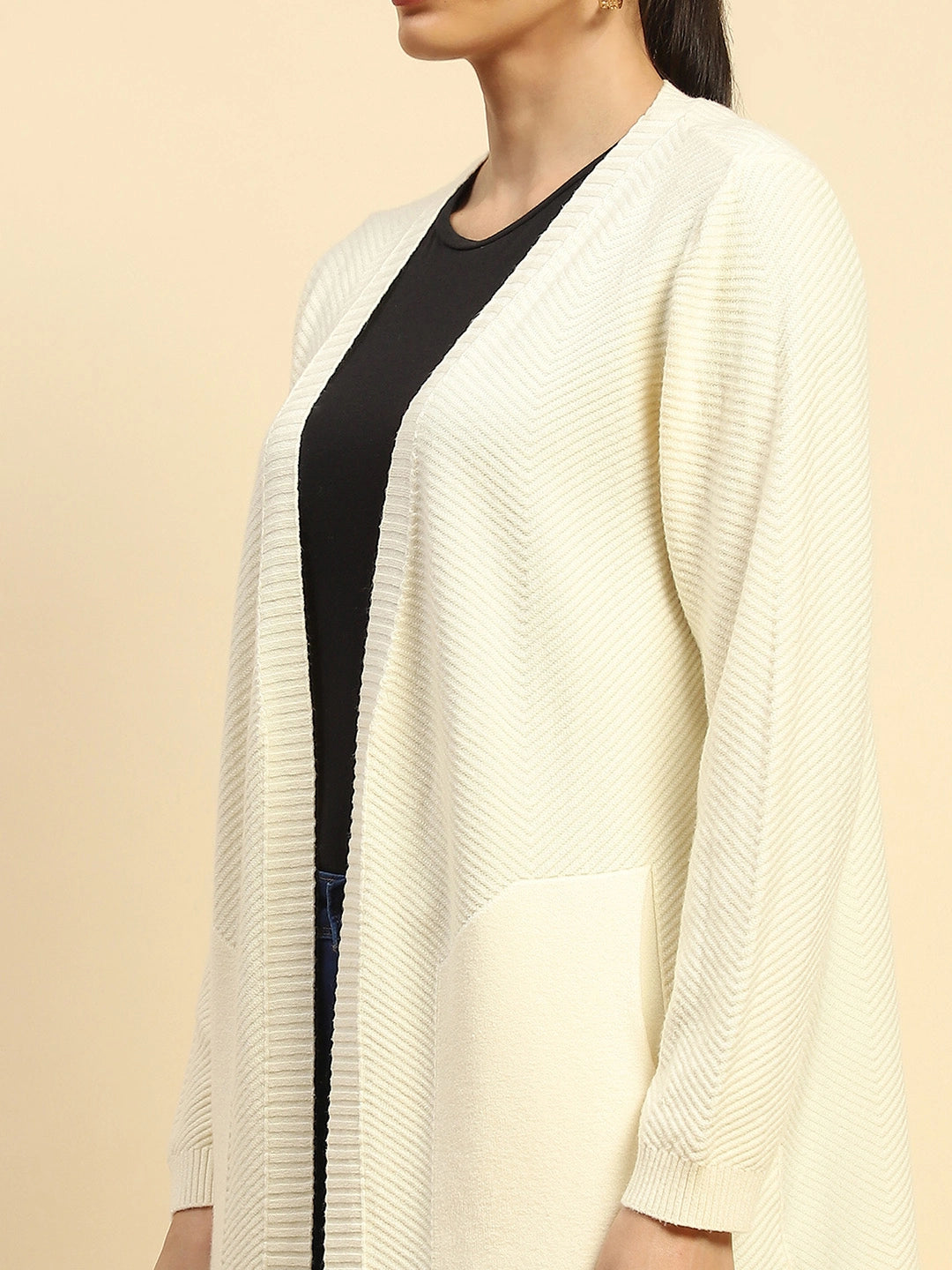 Off White Viscose Loose Fit Winter Shrug For Women - Global Republic