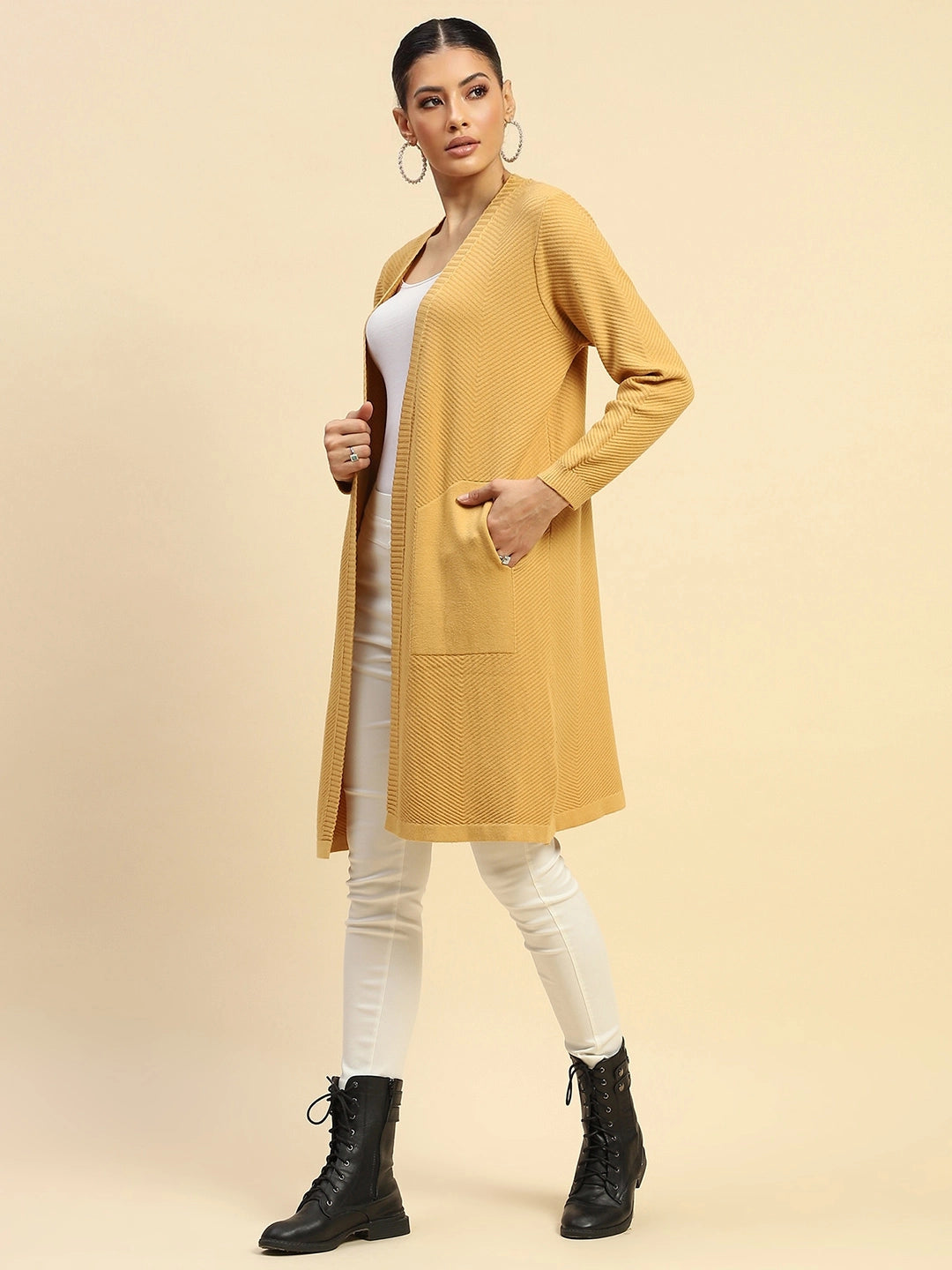 Mustard Viscose Loose Winter Shrug - Global Republic