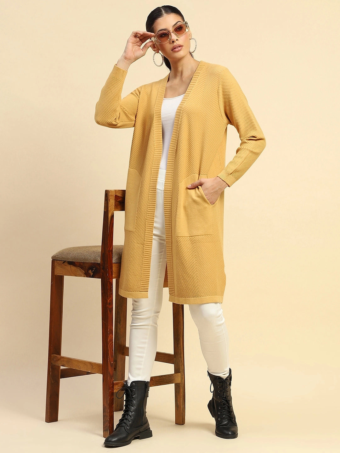 Mustard Viscose Loose Winter Shrug - Global Republic