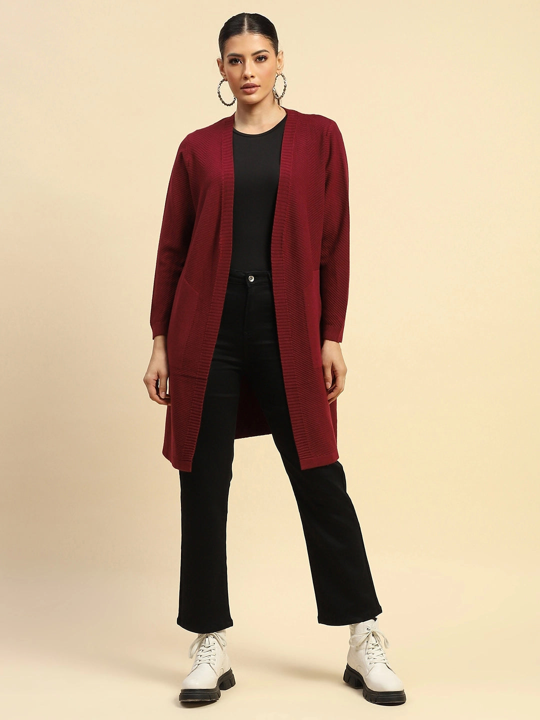 Wine Viscose Loose Fit Winter Shrug - Global Republic