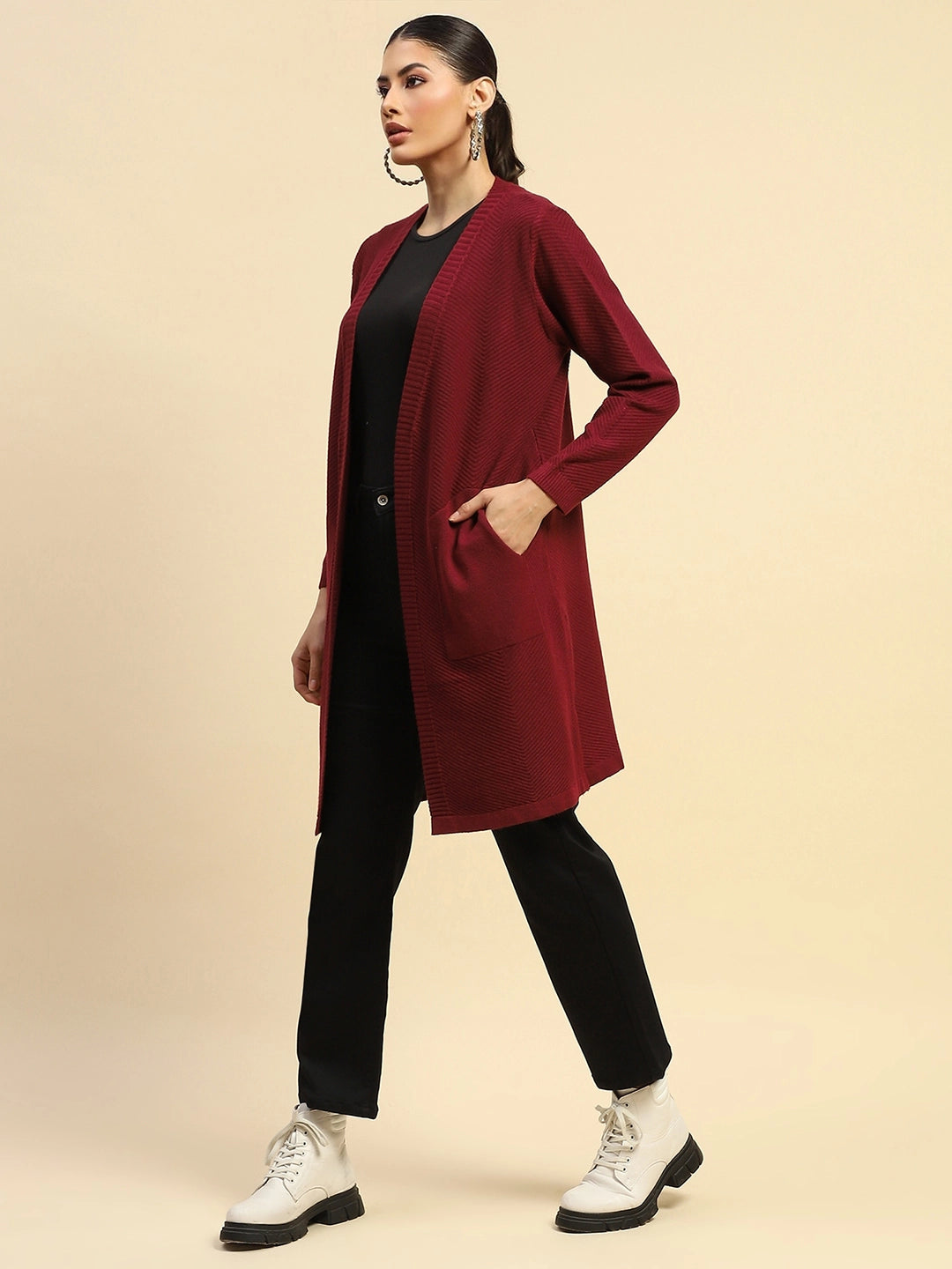 Wine Viscose Loose Fit Winter Shrug - Global Republic