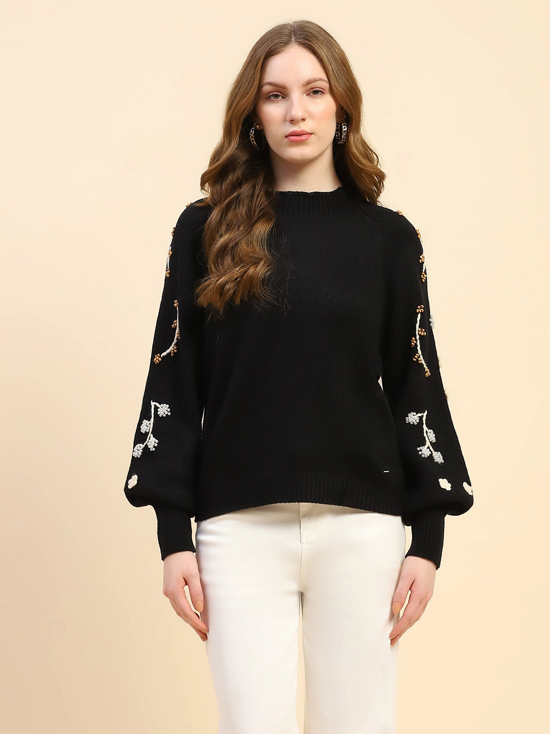 Black Embroidered Viscose Loose Pullover - Global Republic