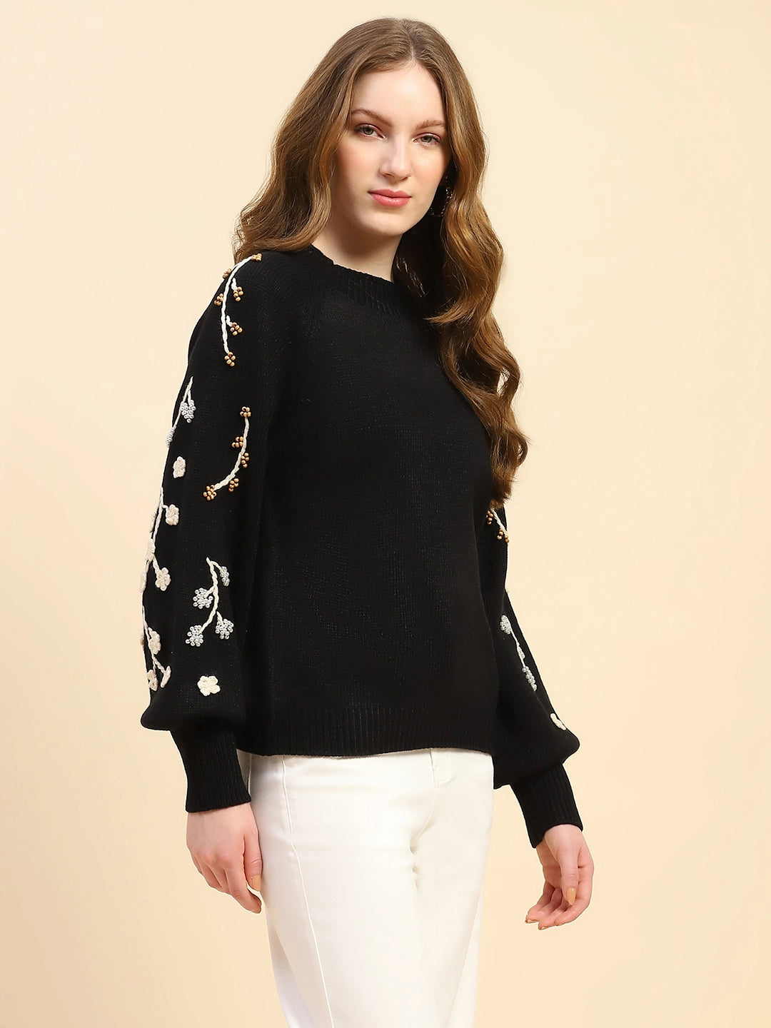 Black Embroidered Viscose Loose Pullover - Global Republic
