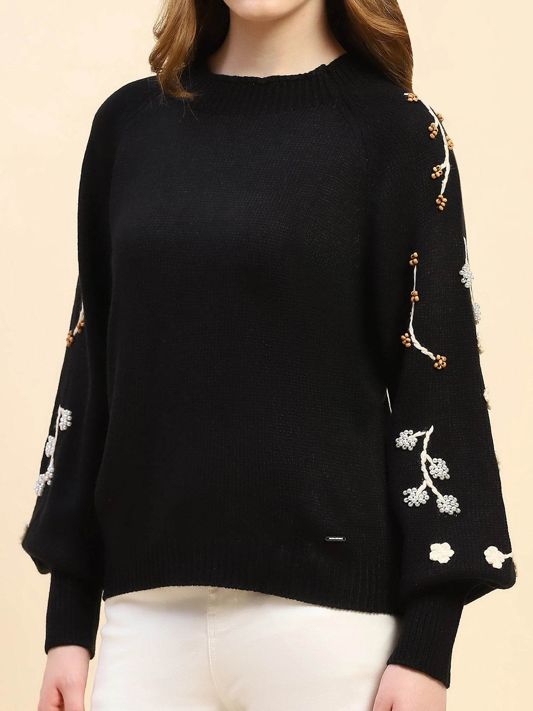 Black Embroidered Viscose Loose Pullover - Global Republic