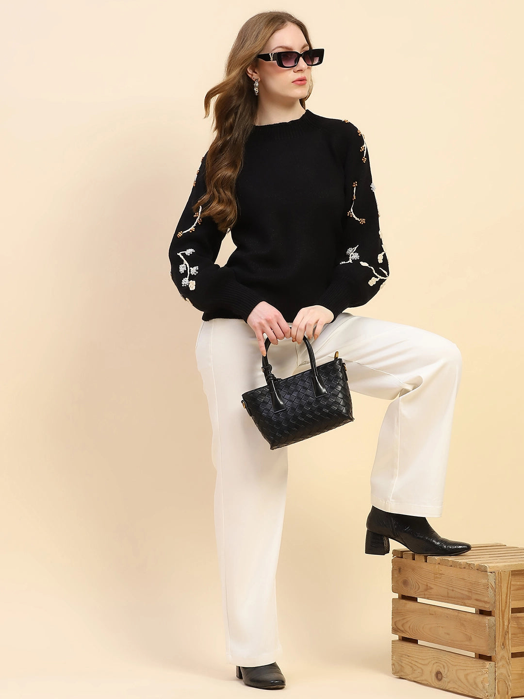Black Embroidered Viscose Loose Pullover - Global Republic