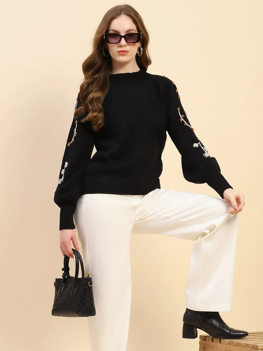 Black Embroidered Viscose Loose Pullover - Global Republic