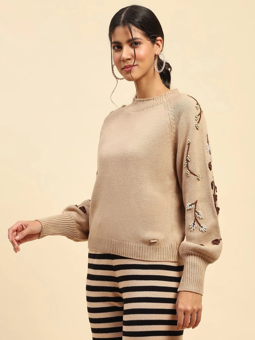 Khaki Embroidered Viscose Loose Pullover - Global Republic