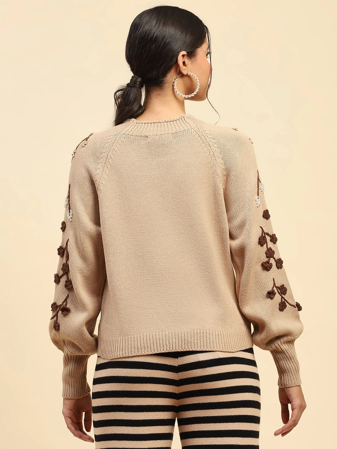Khaki Embroidered Viscose Loose Pullover - Global Republic