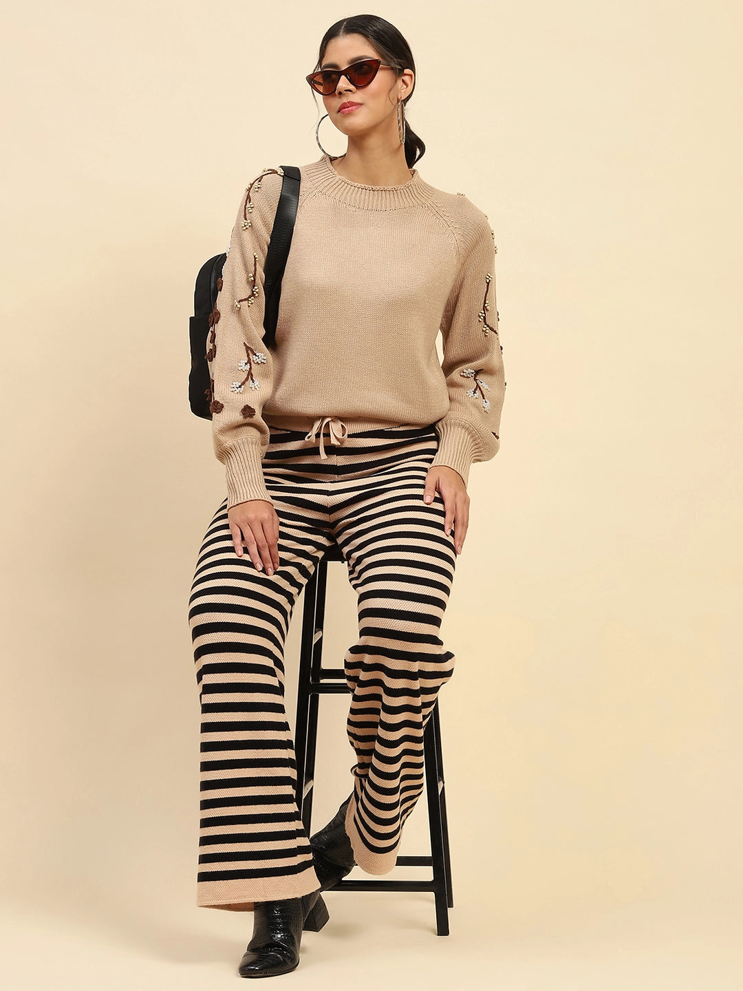 Khaki Embroidered Viscose Loose Pullover - Global Republic