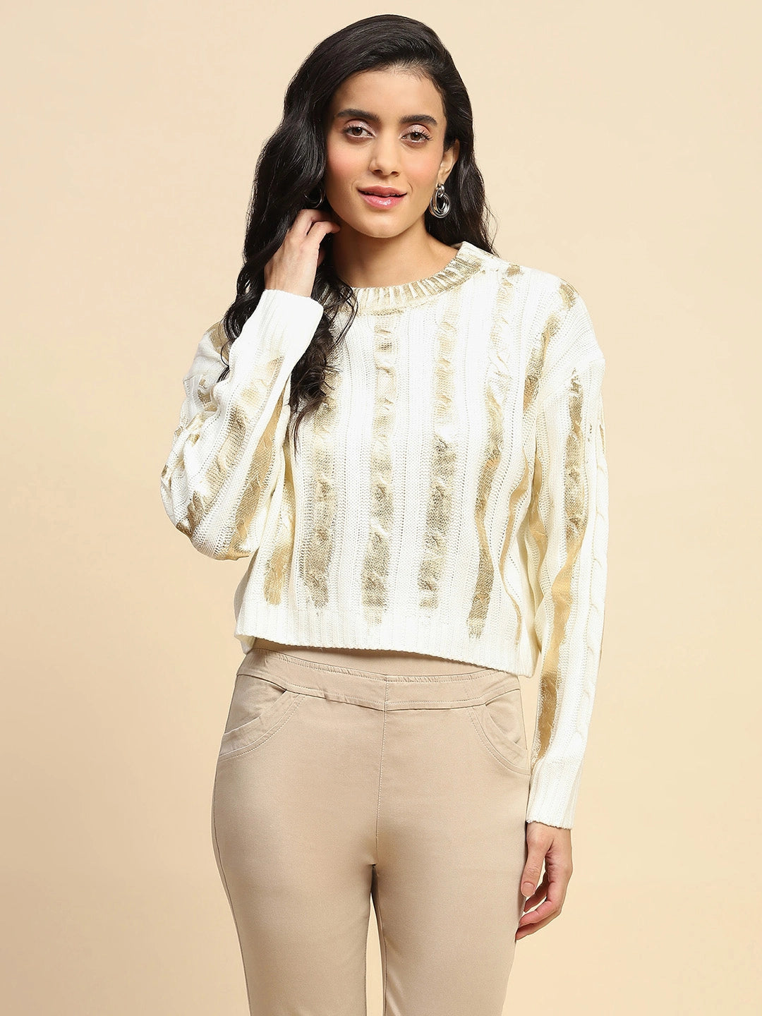 Off White & Gold Viscose Winter Top - Global Republic