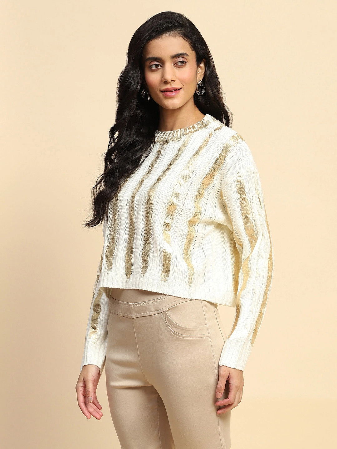 Off White & Gold Viscose Winter Top - Global Republic
