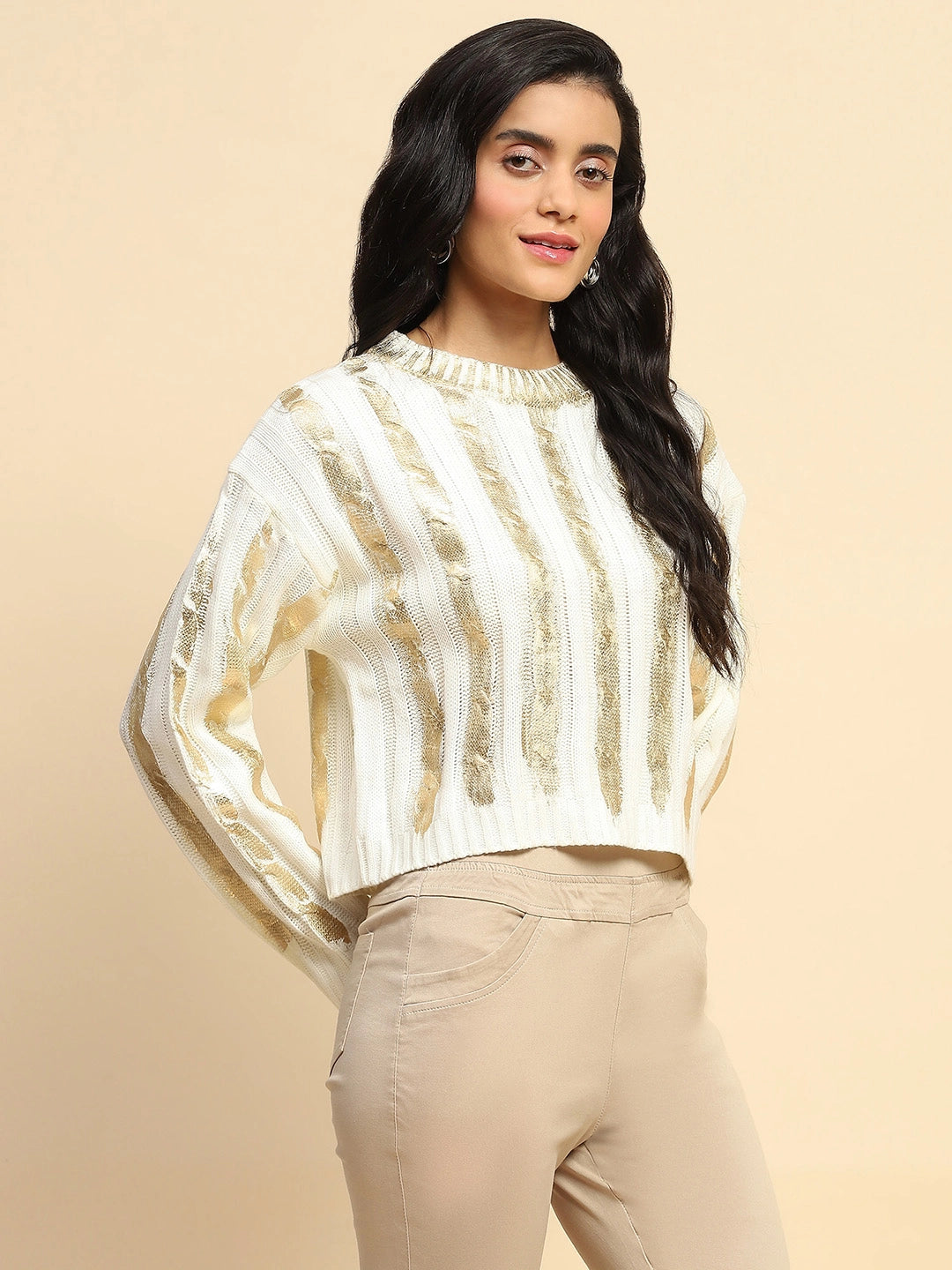 Off White & Gold Viscose Winter Top - Global Republic