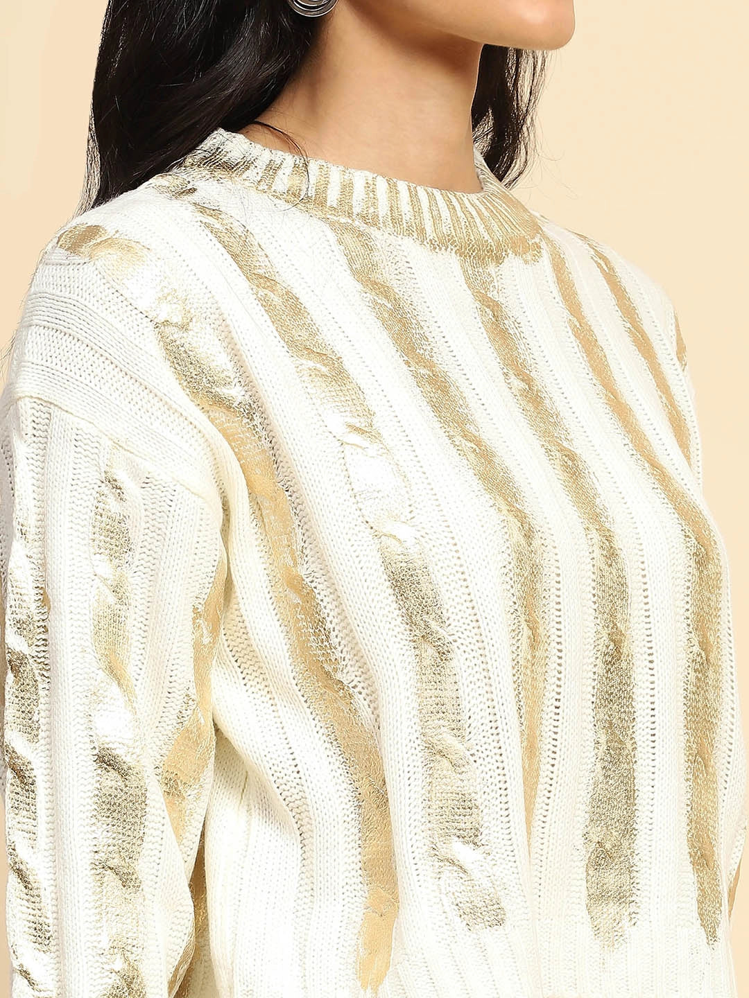 Off White & Gold Viscose Winter Top - Global Republic