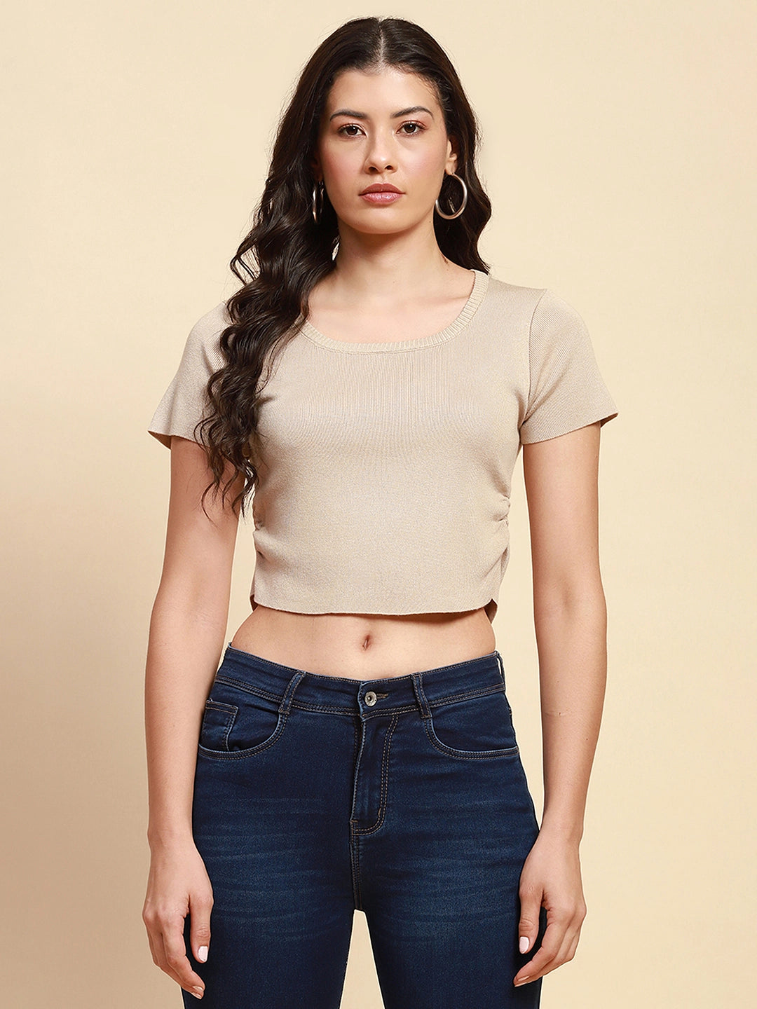 Beige Viscose Blend Crop Top - Global Republic