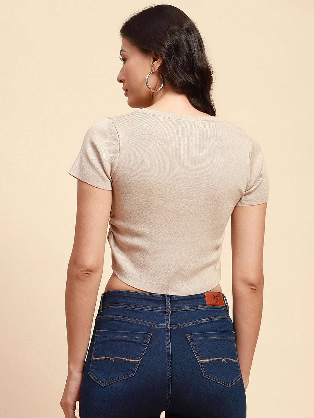 Beige Viscose Blend Crop Top - Global Republic