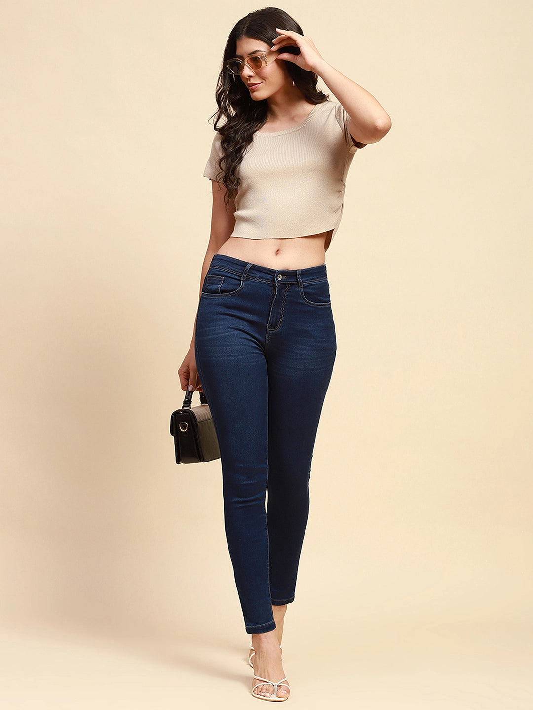 Beige Viscose Blend Crop Top - Global Republic