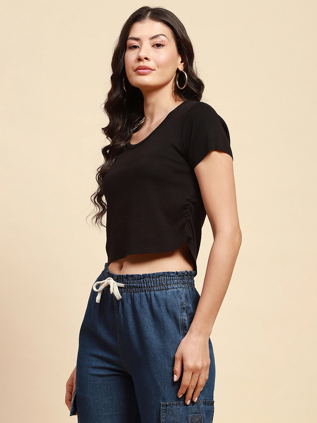 Black Viscose Blend Crop Top - Global Republic