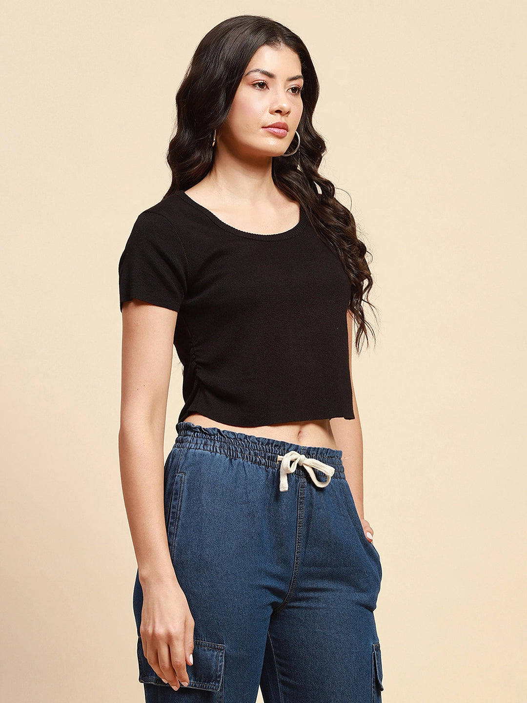Black Viscose Blend Crop Top - Global Republic