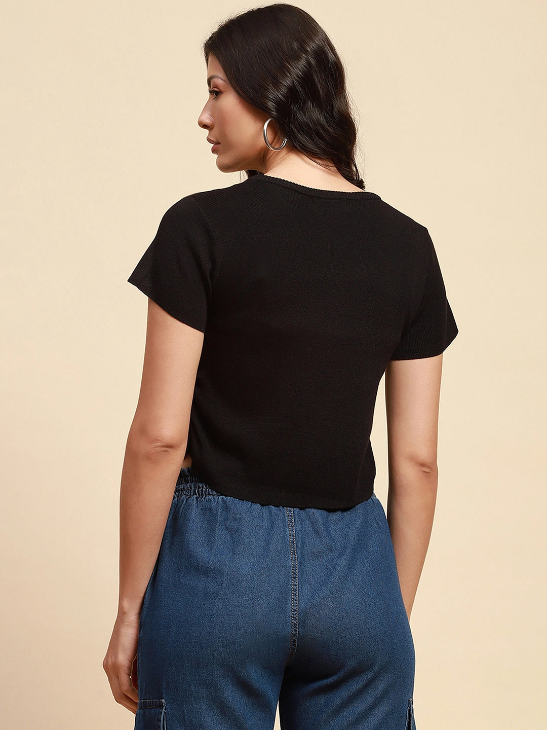 Black Viscose Blend Crop Top - Global Republic