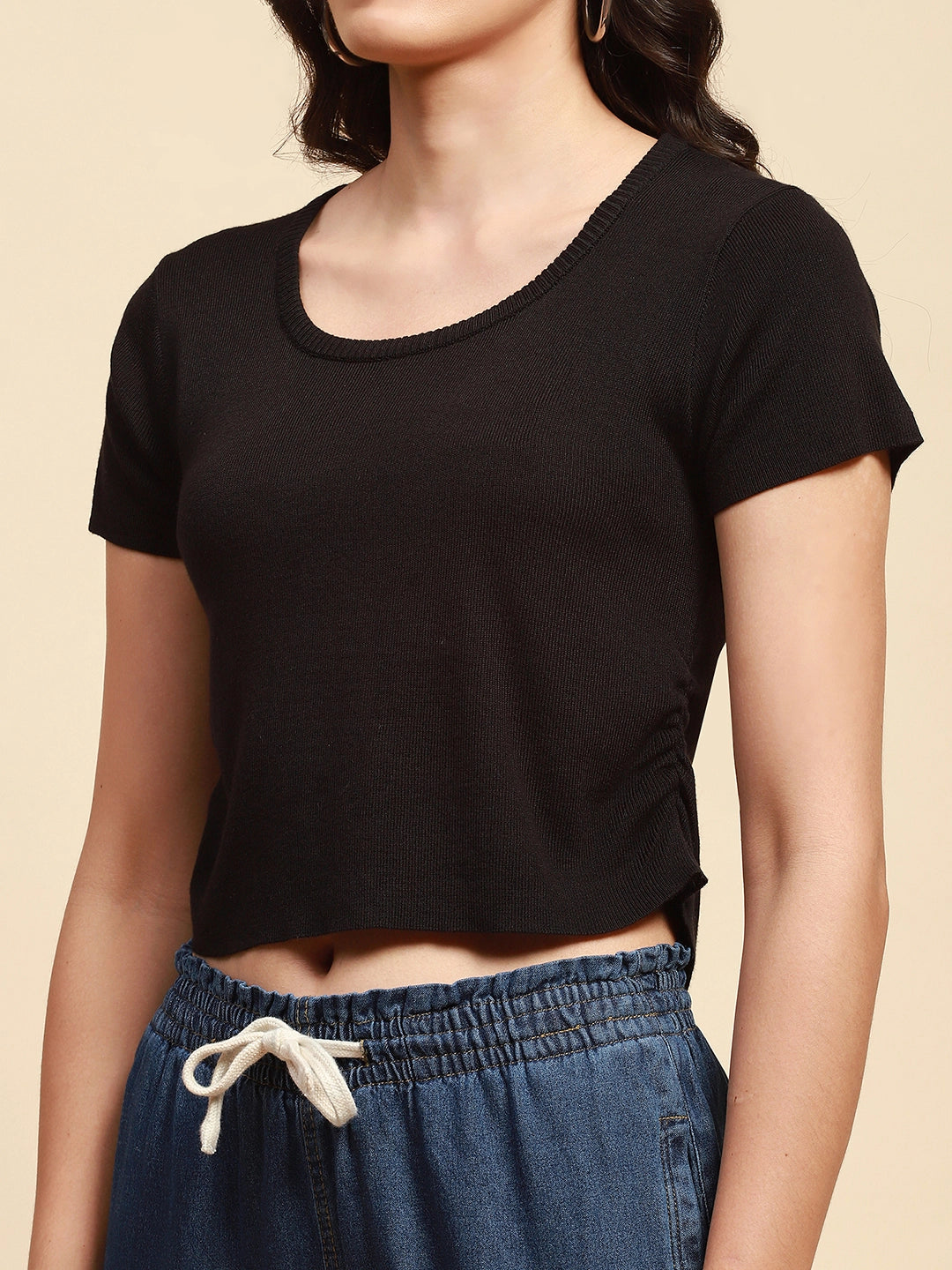 Black Viscose Blend Crop Top - Global Republic