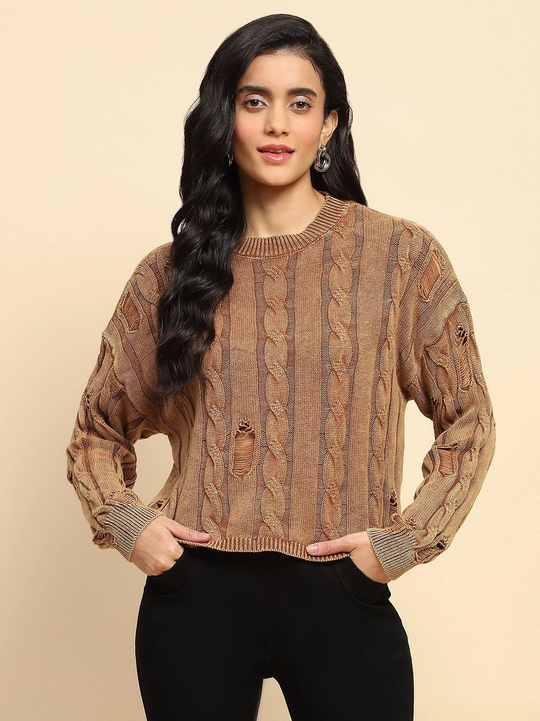 Brown Cotton Boxy Fit Pullover - Global Republic