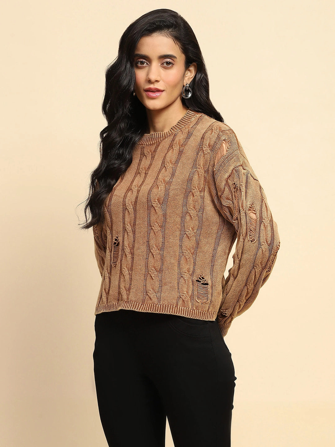 Brown Cotton Boxy Fit Pullover - Global Republic