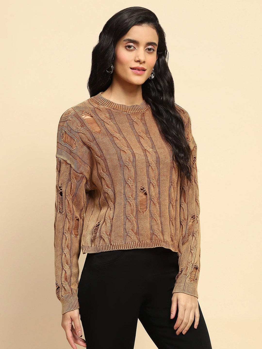 Brown Cotton Boxy Fit Pullover - Global Republic