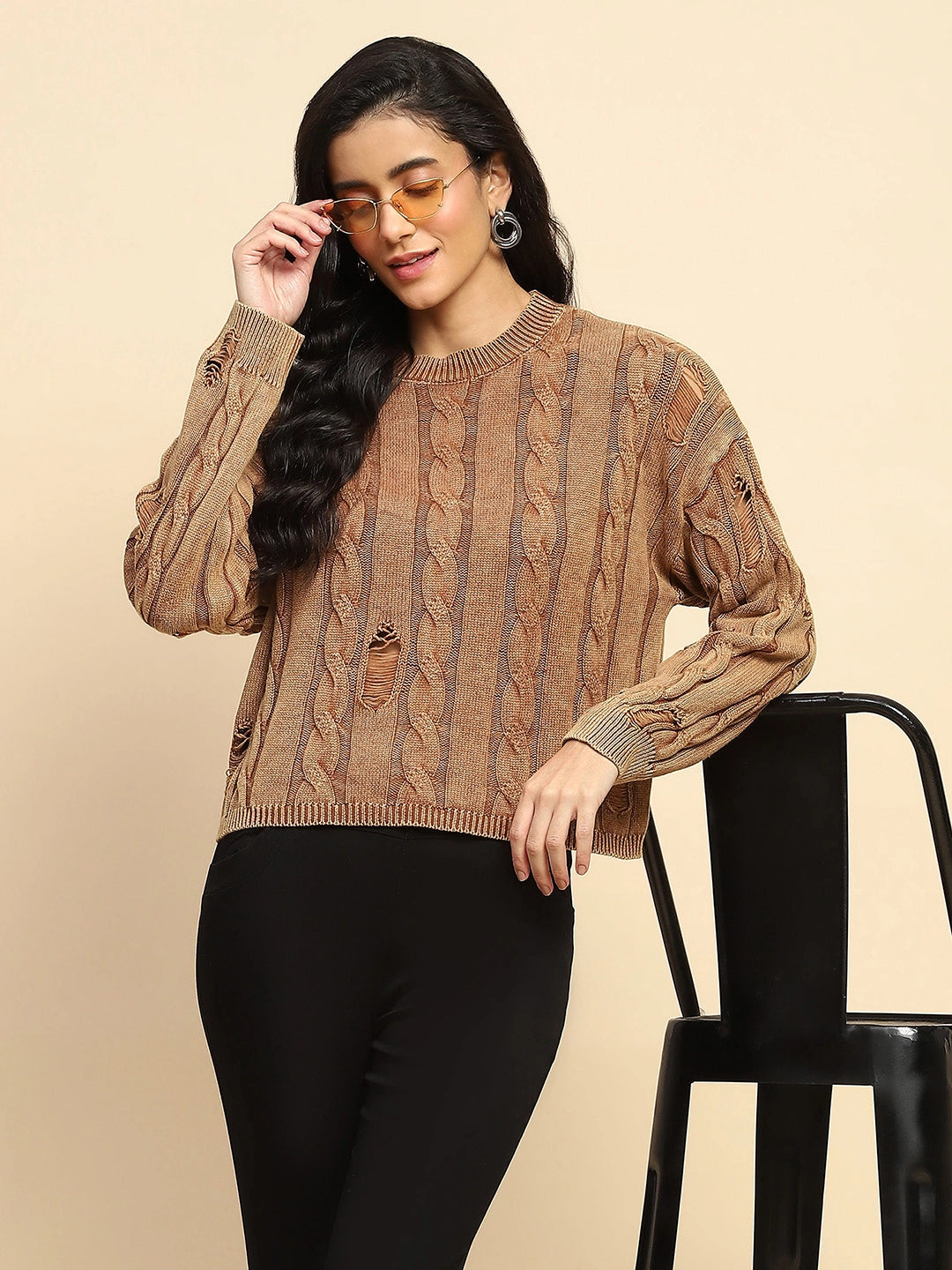 Brown Cotton Boxy Fit Pullover - Global Republic