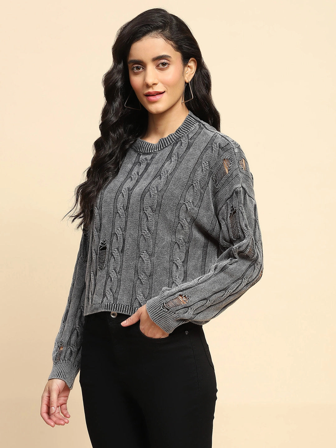 Grey Cotton Boxy Fit Pullover - Global Republic