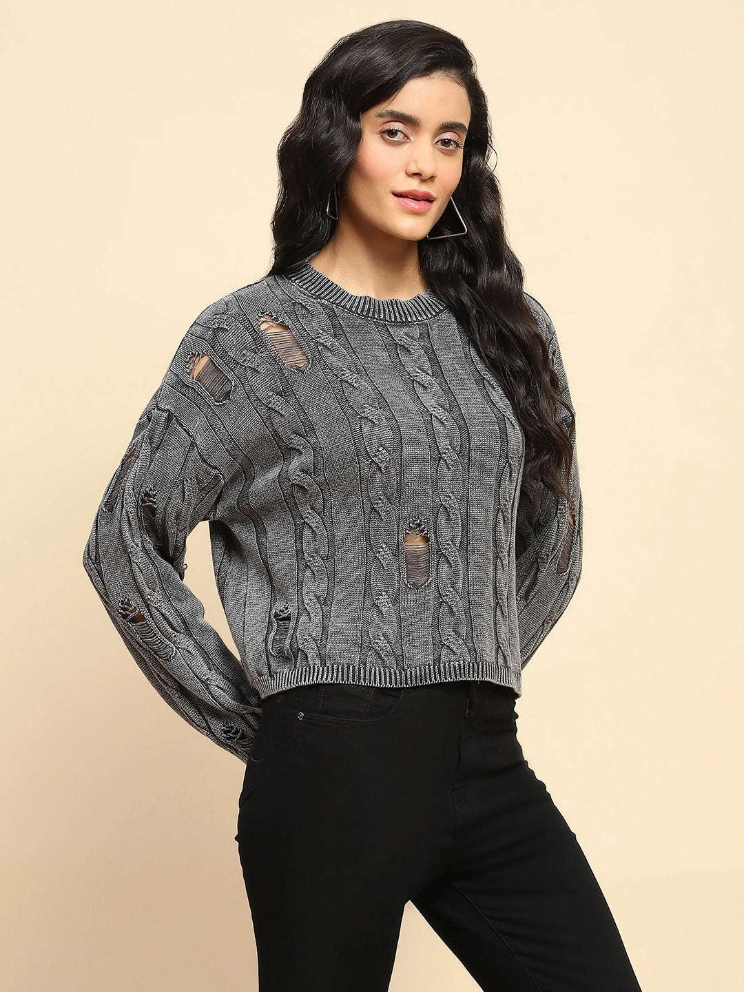 Grey Cotton Boxy Fit Pullover - Global Republic